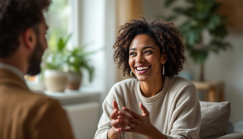 mujer hablando sonriente con hombre