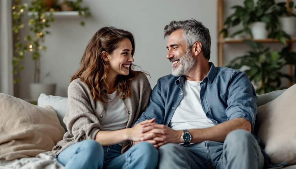 pareja apoyandose mutuamente encima sofa