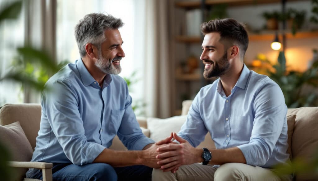 dos hombres sonriendo mientras conversan en un sofa en un ambiente casual