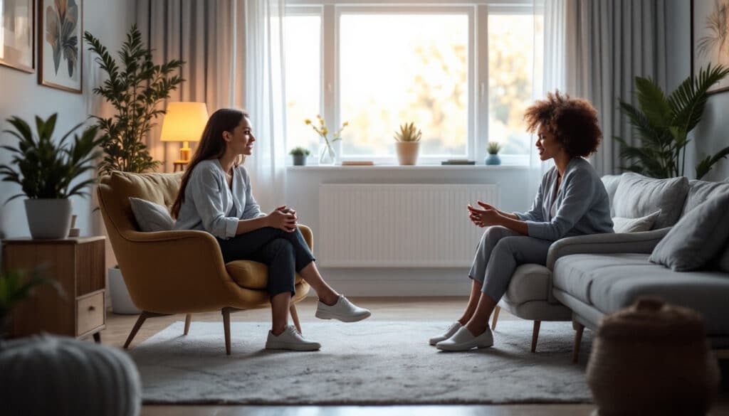 dos mujeres sentadas en una sala acogedora mientras conversan