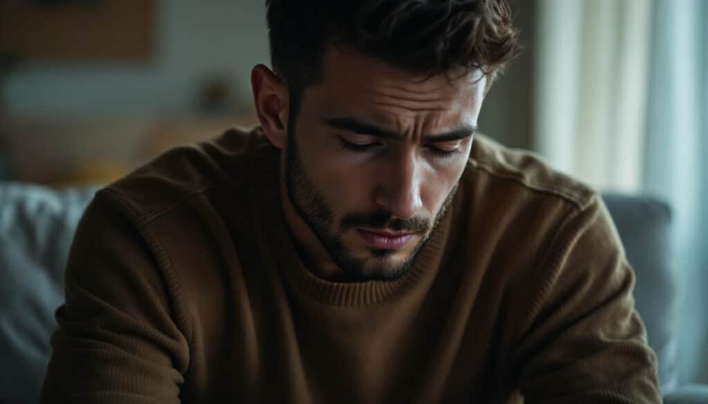 hombre joven sentado con expresion seria en un ambiente relajado