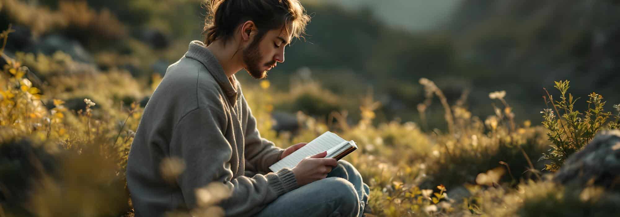 joven lee un libro sentada en un valle entre montanas