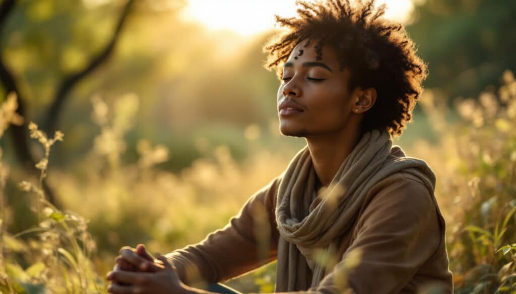 mujer medita en un campo soleado con aire de tranquilidad