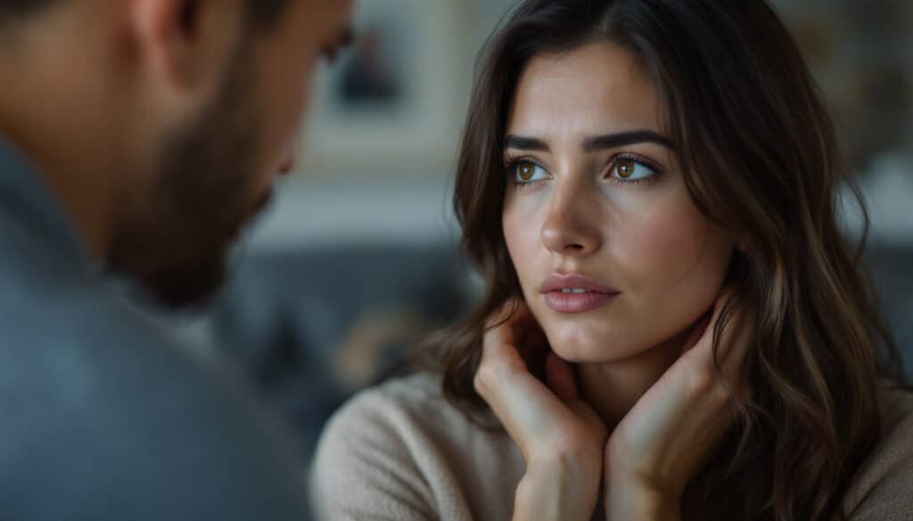 mujer mirando a un hombre con expresion reflexiva en un ambiente cercano