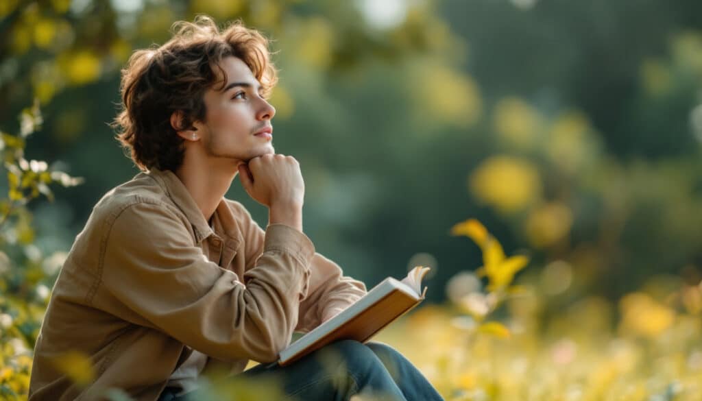 mujer pensativa con libro en un campo iluminado por la luz del sol