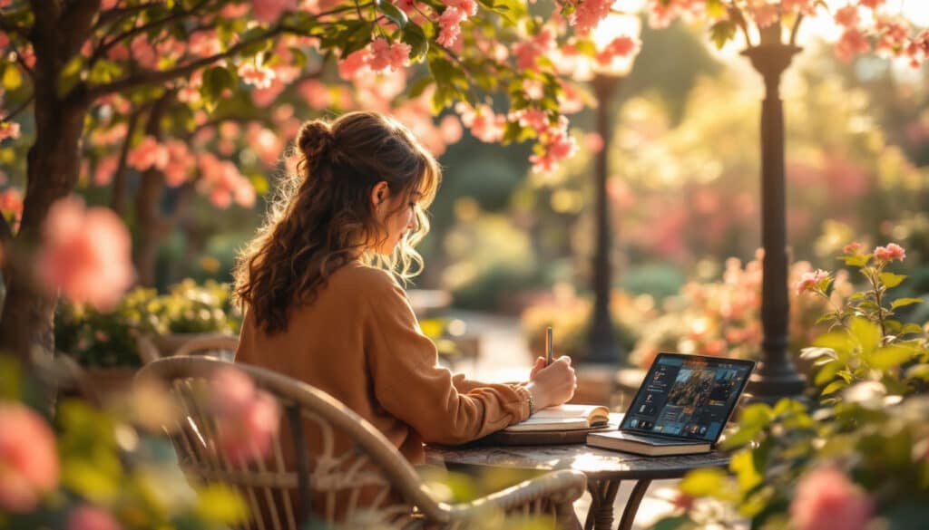 mujer trabaja en su laptop en un jardin con flores alrededor