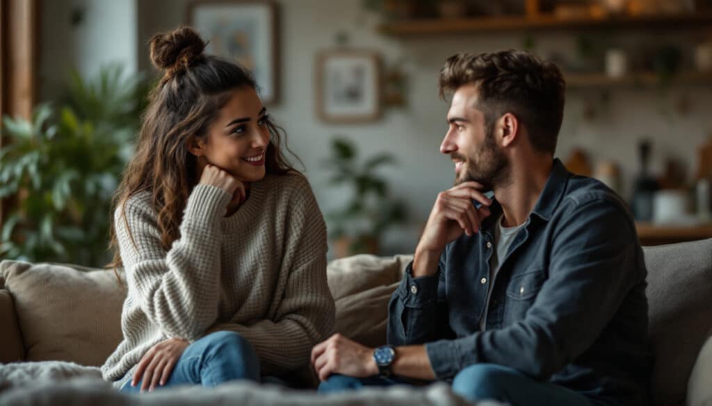 pareja conversando en un sofa en un ambiente acogedor y cercano