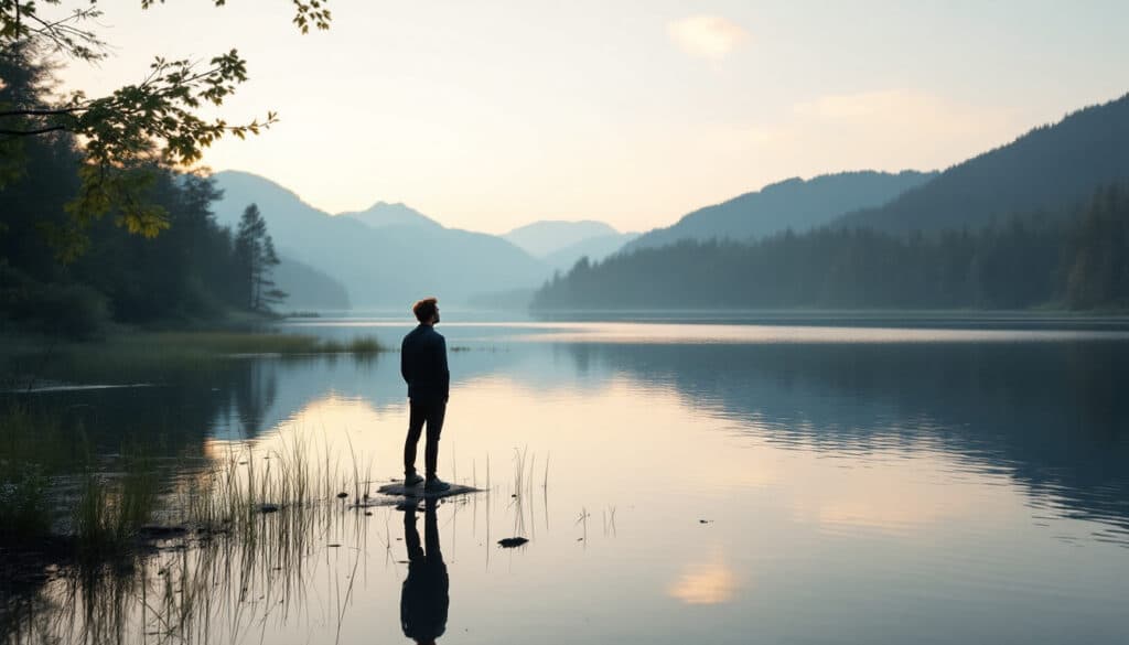 persona en la orilla de un lago al atardecer en un paisaje sereno