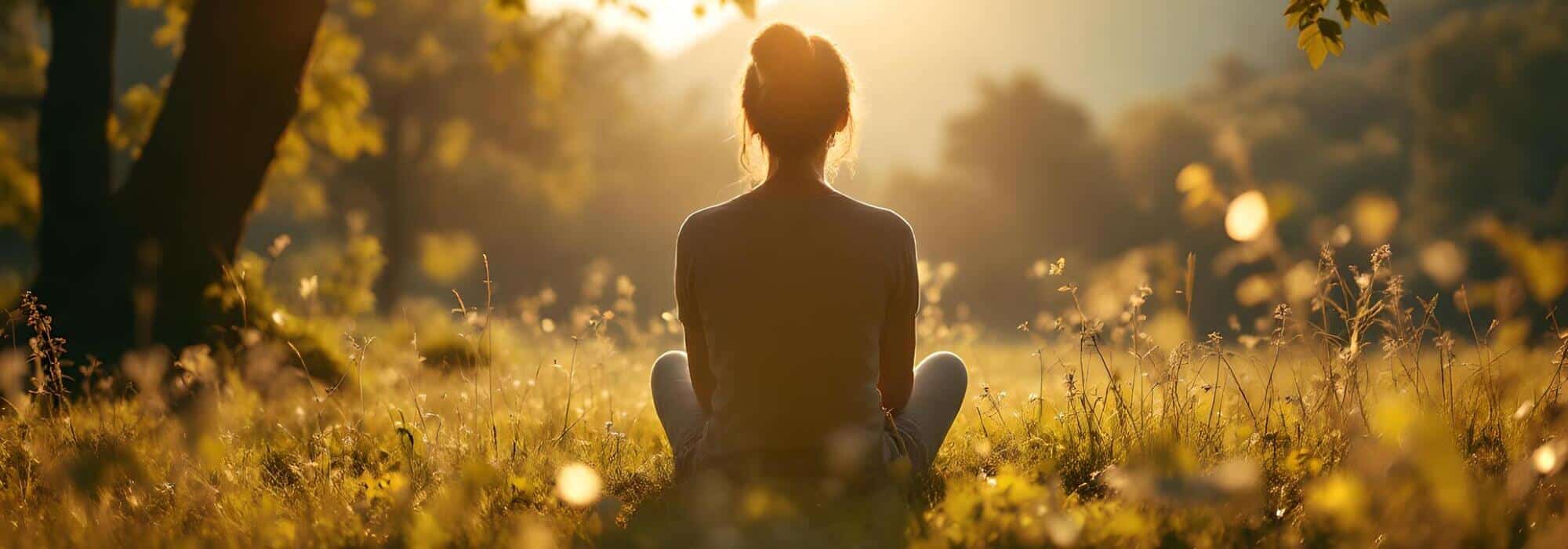 persona medita en un campo bajo los rayos del sol en el amanecer