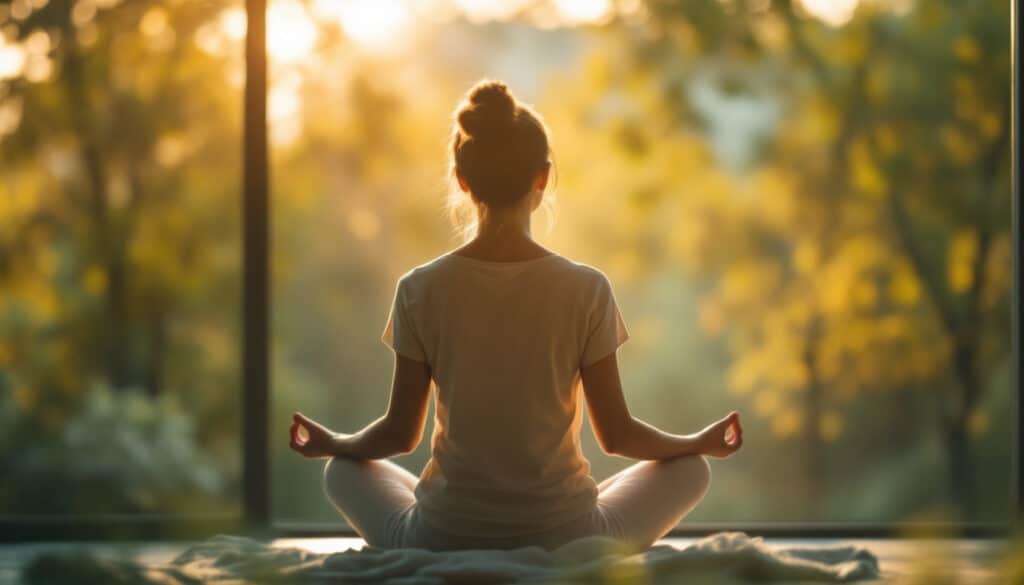 persona medita en un campo durante el atardecer con luz suave