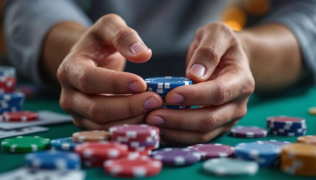 manos apilando fichas en mesa de poker