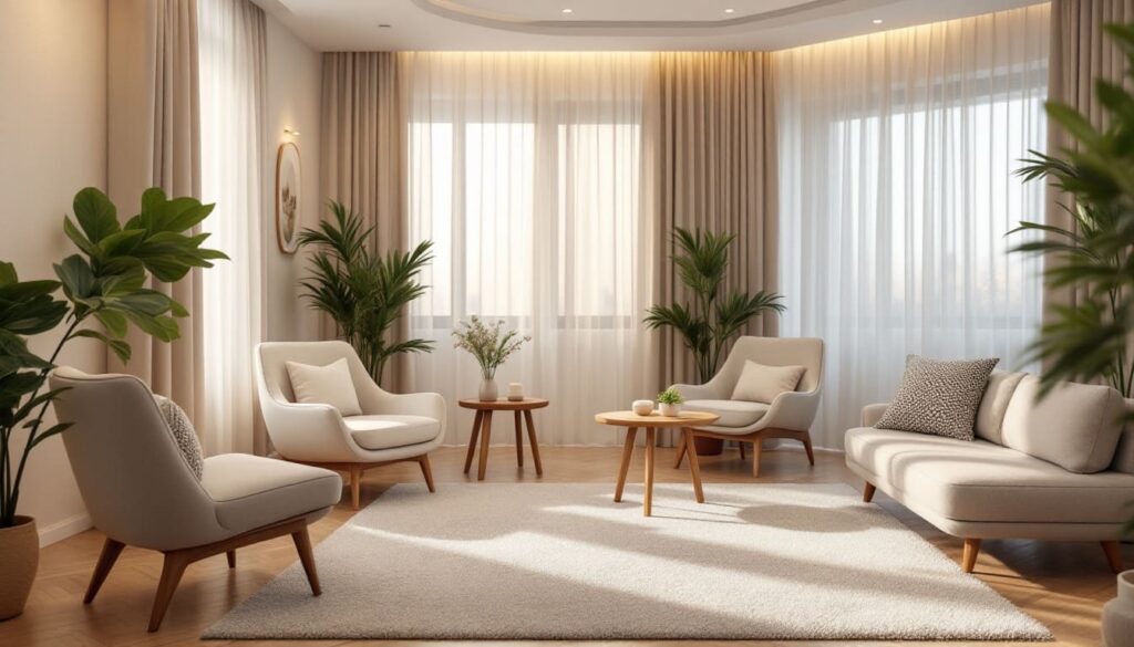 sala de estar moderna con plantas y muebles acogedores