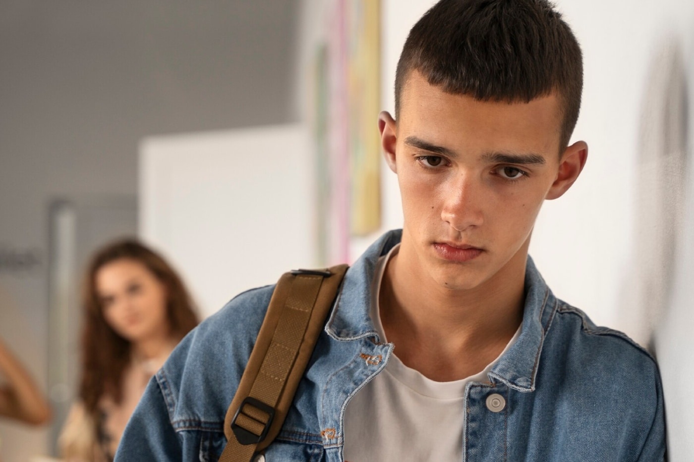 adolescente triste en apoyado en la pared