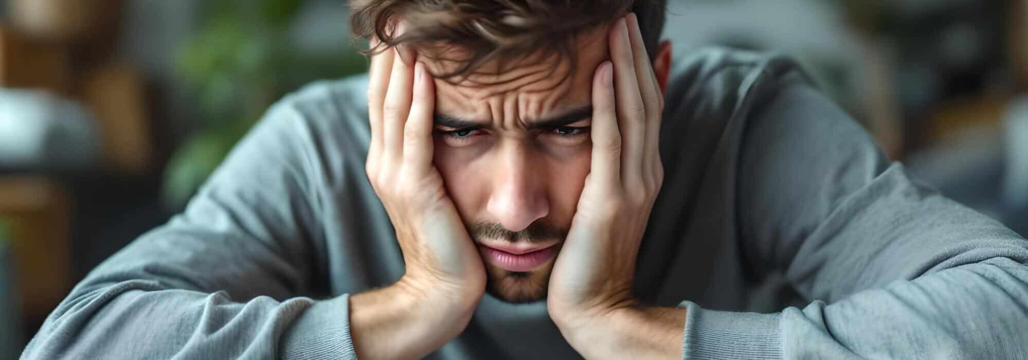 hombre estresado dolor cabeza fatiga mental
