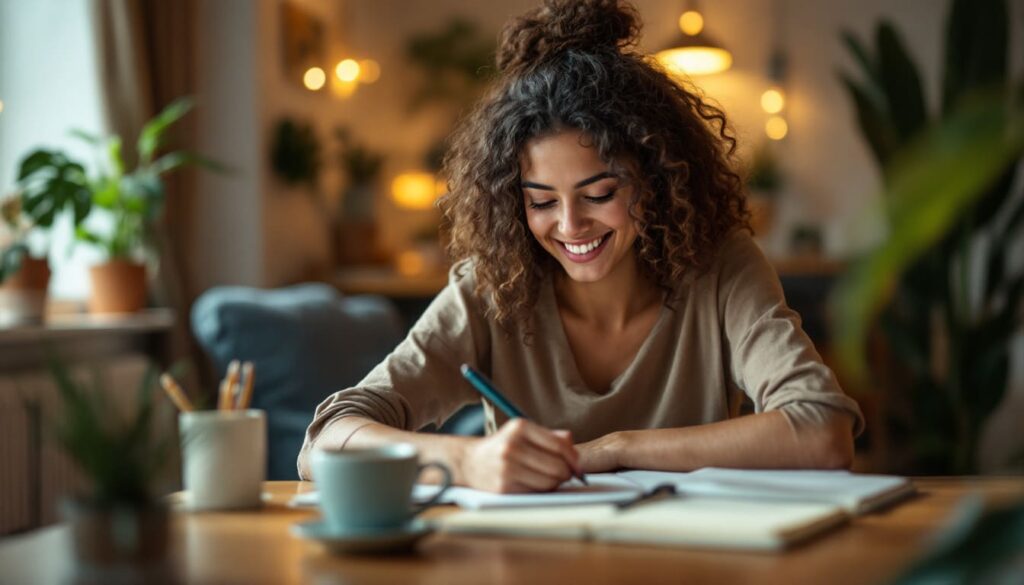 mujer escribiendo diario cafe feliz escritura terapeutica