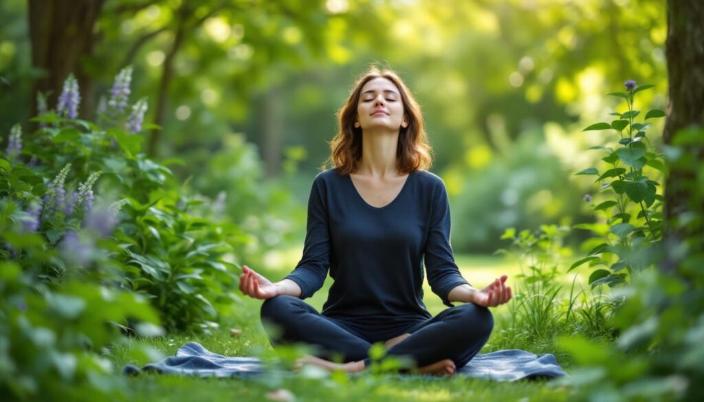 mujer meditacion naturaleza aire libre relajacion