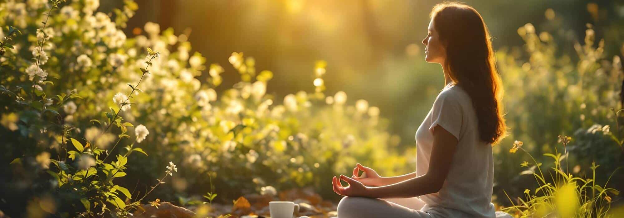 mujer meditando atardecer naturaleza bienestar