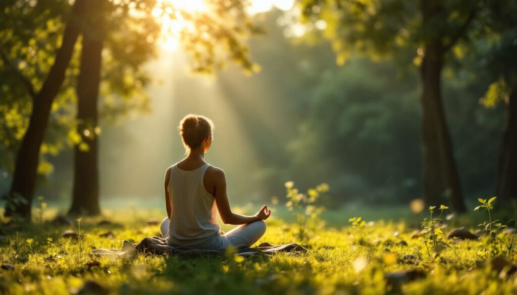 mujer meditando bosque naturaleza luz solar paz interior