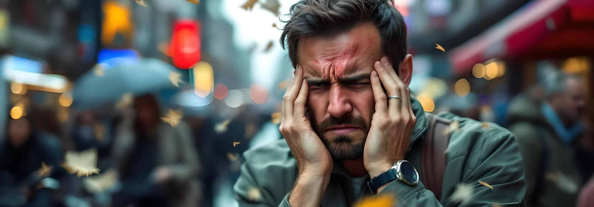 hombre con ansiedad en medio de ciudad llena de gente con ruido