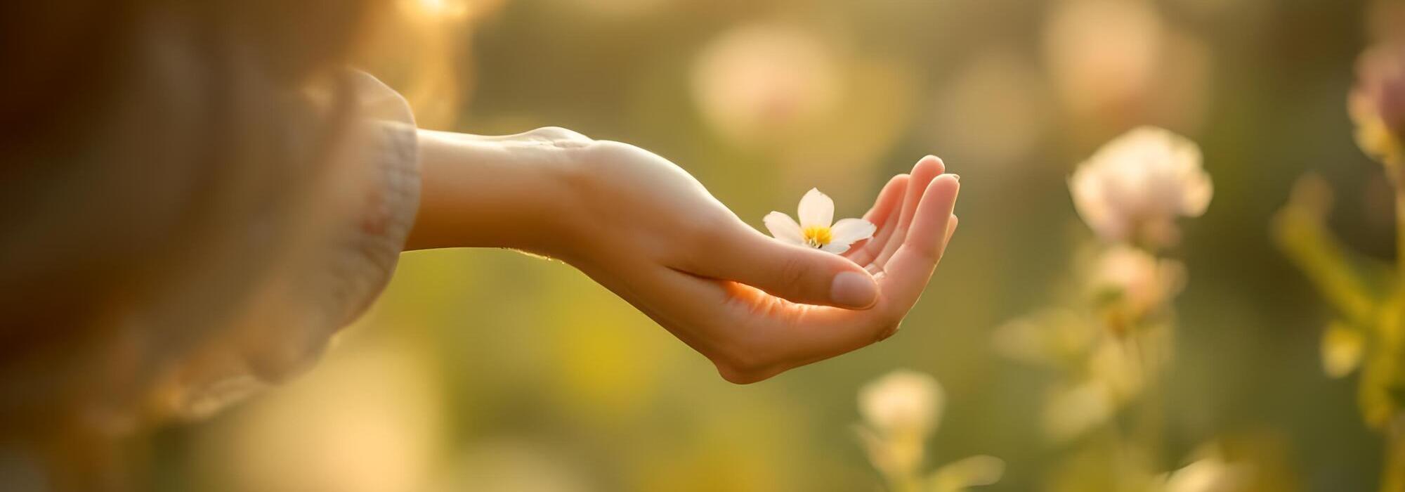 mano extendida entre flores con luz suave de tarde en campo natural
