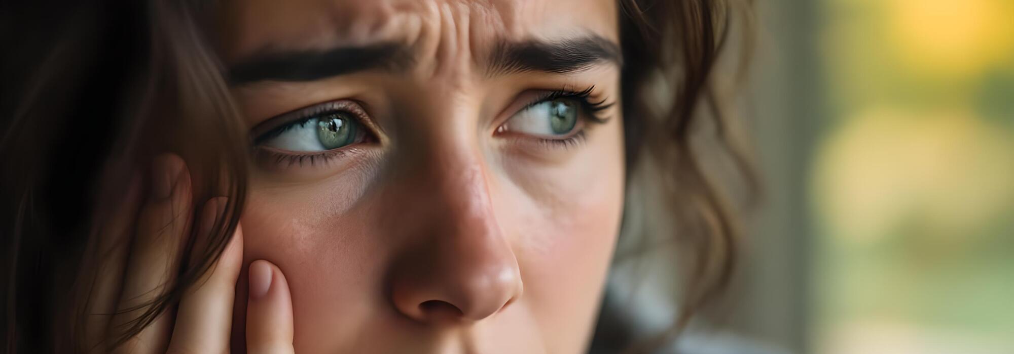 mujer con rostro preocupado mirada inquieta en interior