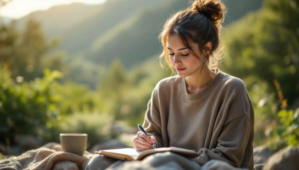 mujer escribiendo en libreta en exterior con naturaleza