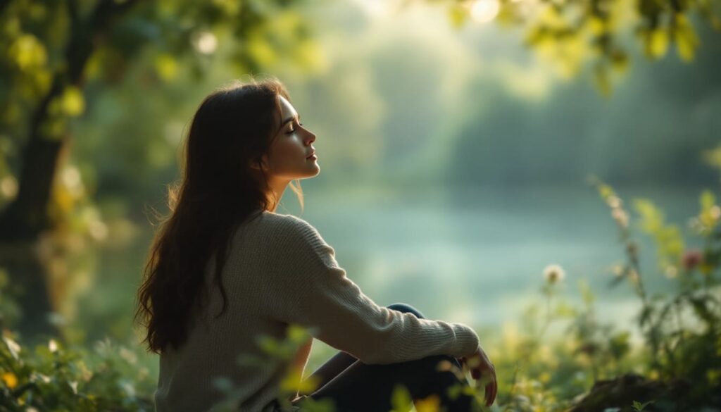 mujer sentada en campo verde mirando hacia la luz con sensacion de paz