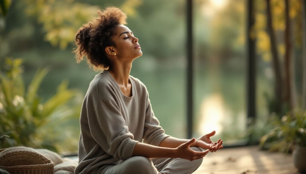 mujer sentada practicando meditacion en parque tranquilo con luz de manana