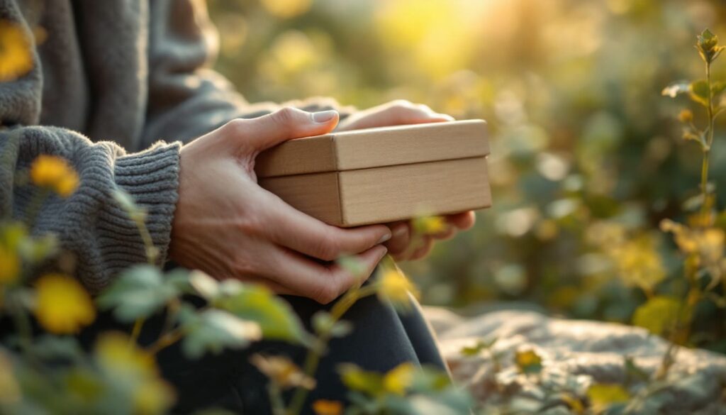 persona entregando caja pequena en entorno natural con flores alrededor