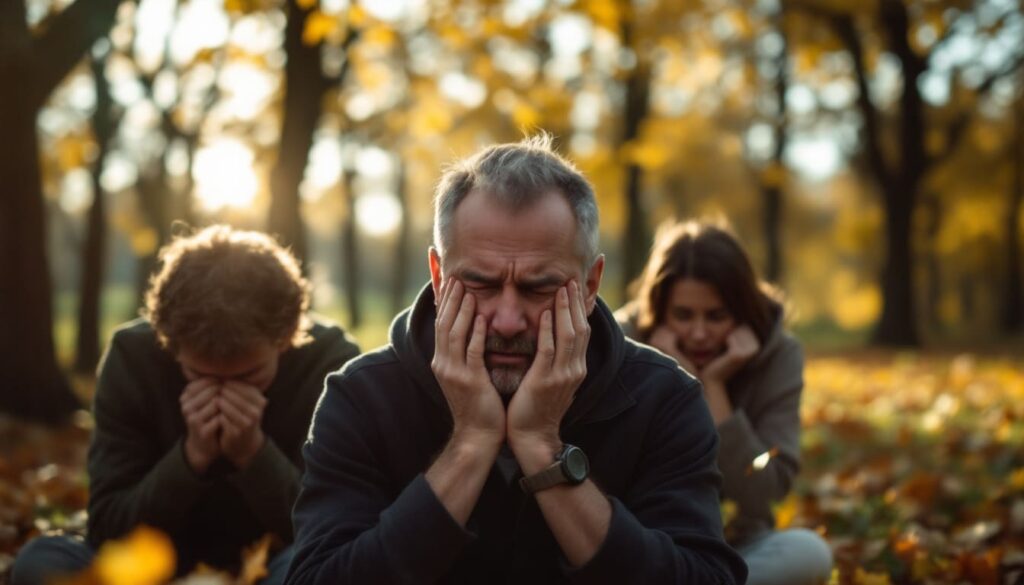 personas mayores con rostro triste en parque otonal