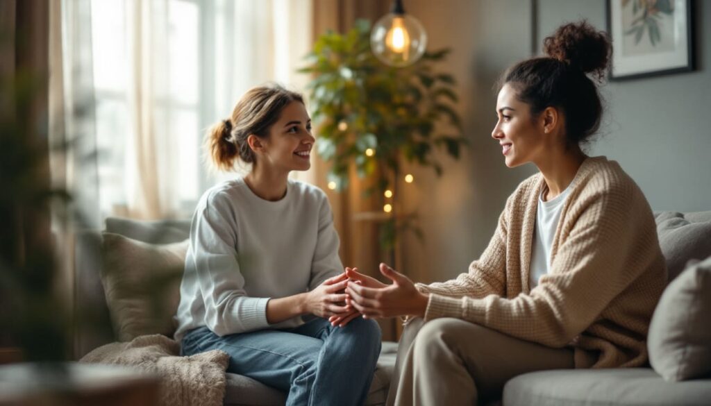 dos mujeres conversando sentadas en sofa en salon acogedor con luz natural y plantas