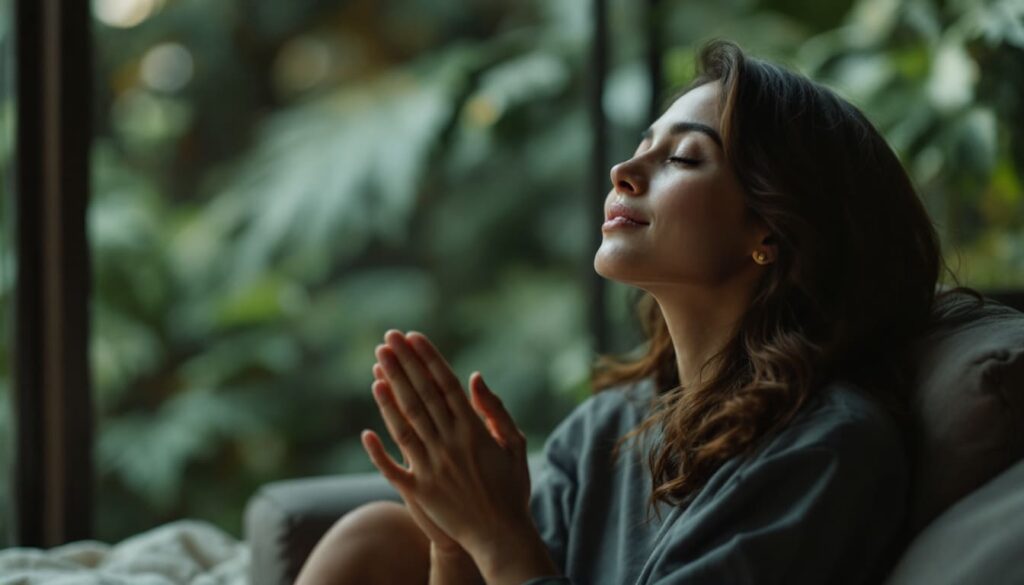 mujer con ojos cerrados y manos juntas en posicion de oracion o meditacion en ambiente interior con luz natural