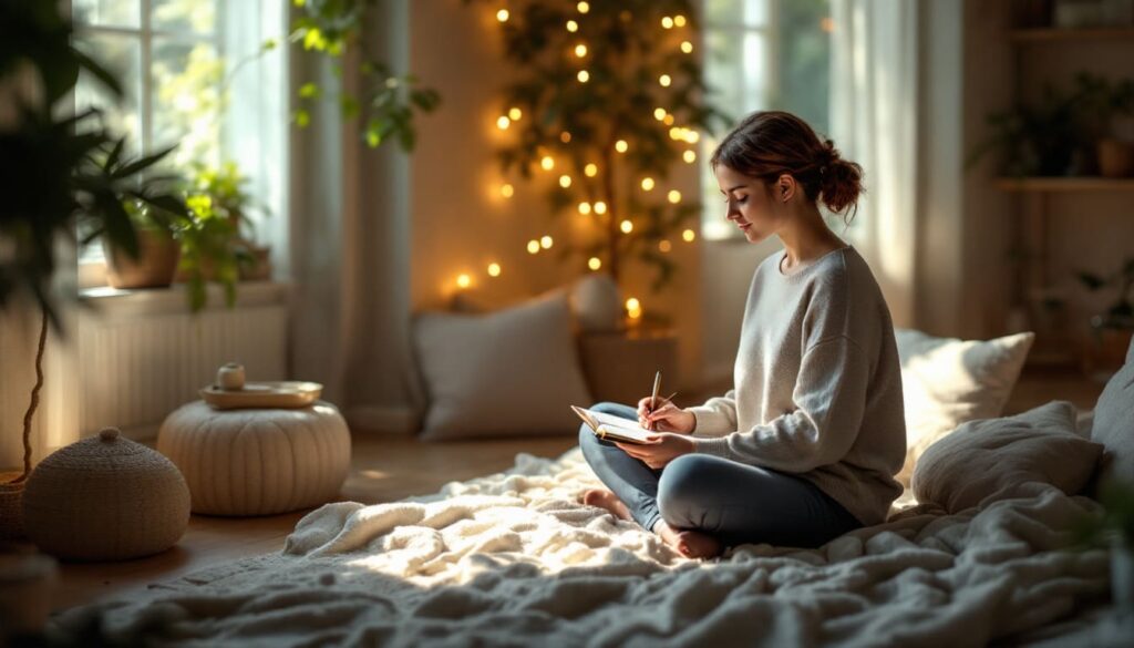 mujer leyendo o escribiendo en cuaderno en salon acogedor con luces decorativas y luz natural