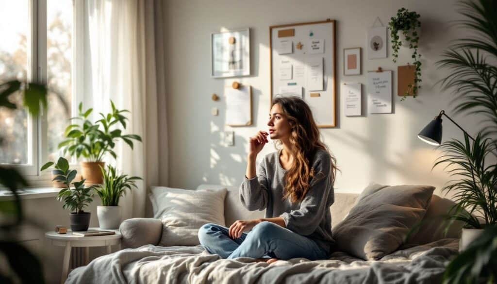 mujer pensativa sentada en sofa con ventana y plantas decorativas en habitacion luminosa