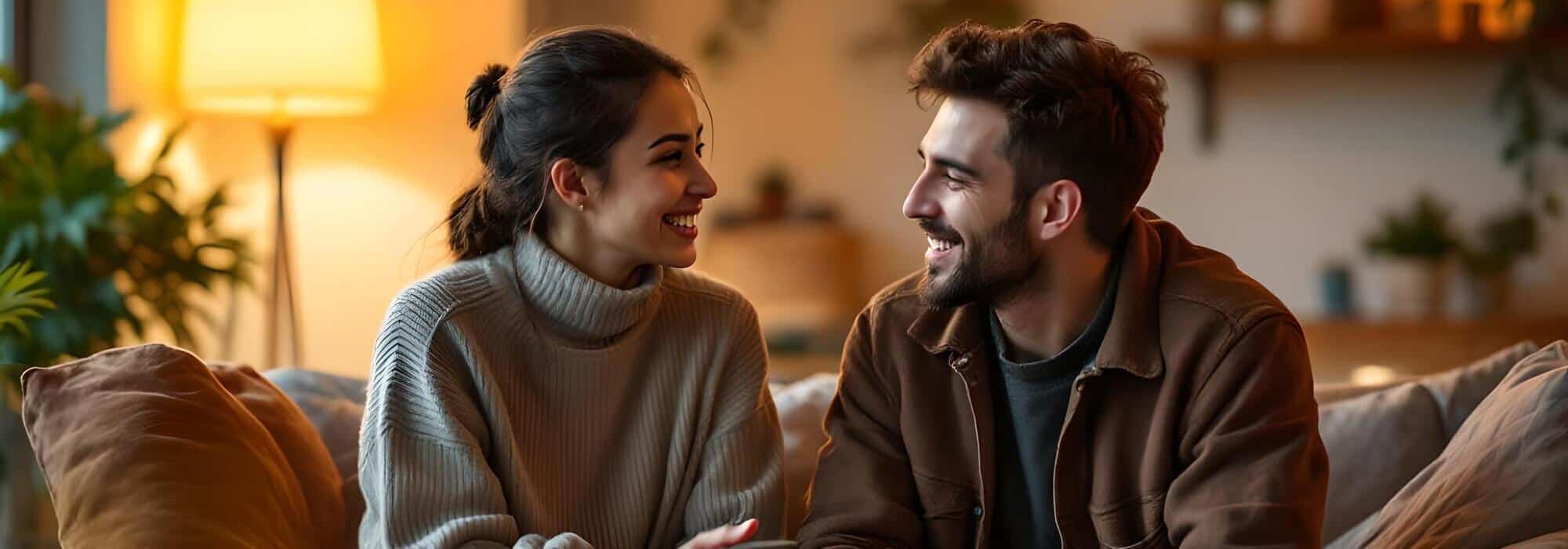 pareja joven conversando y sonriendo en salon con decoracion calida y luz ambiental
