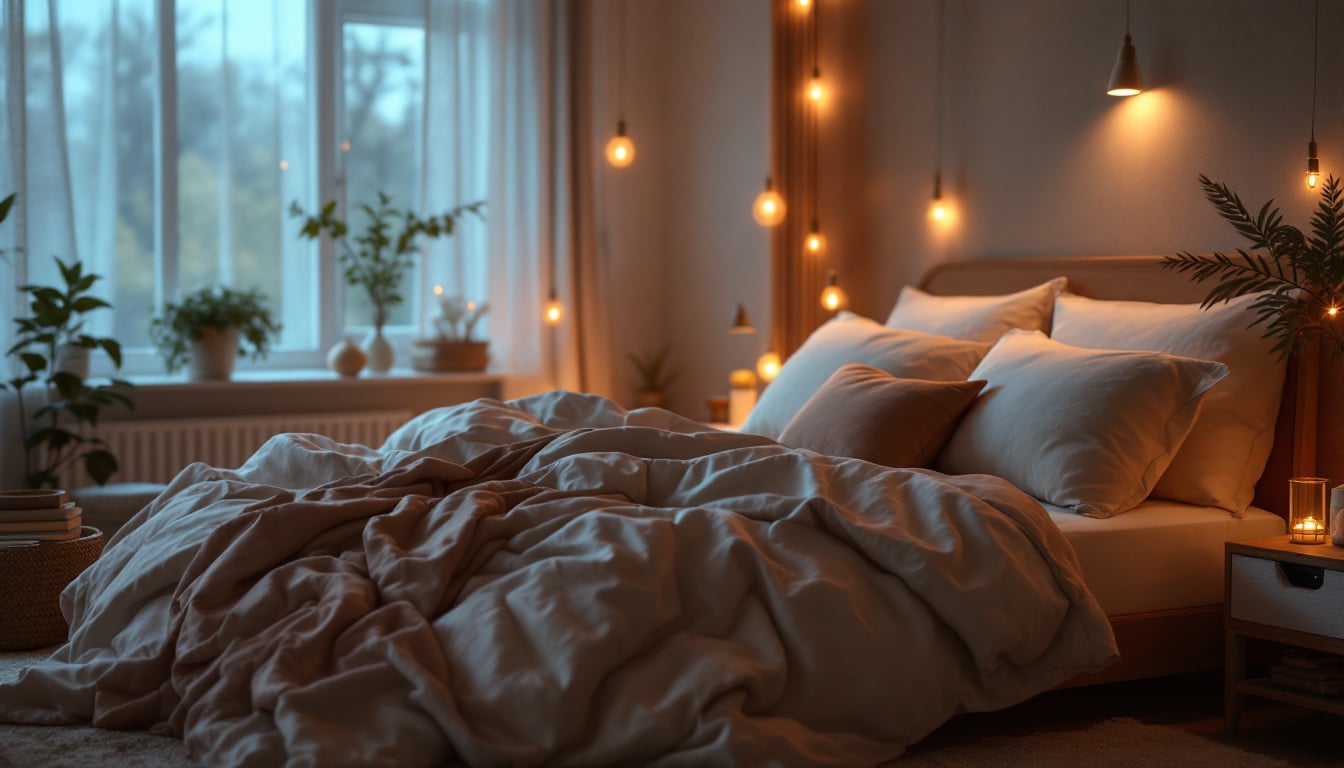 cama desecha con cojines