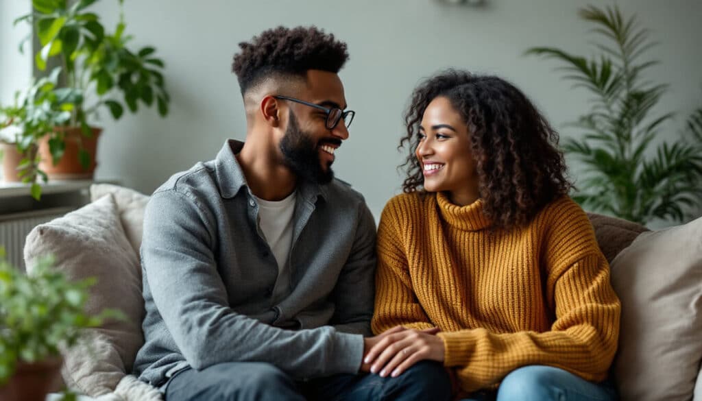 pareja amorosa sentados sofa