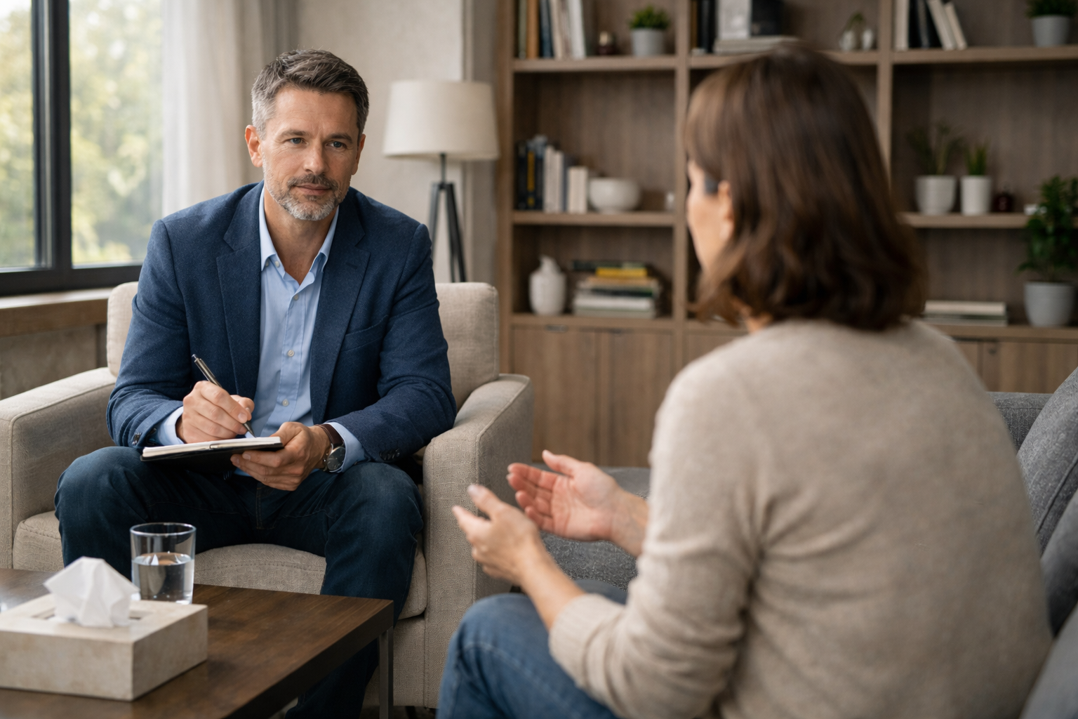 Persona en terapia psicológica hablando de hipersensibilidad emocional con un profesional que escucha con atención.